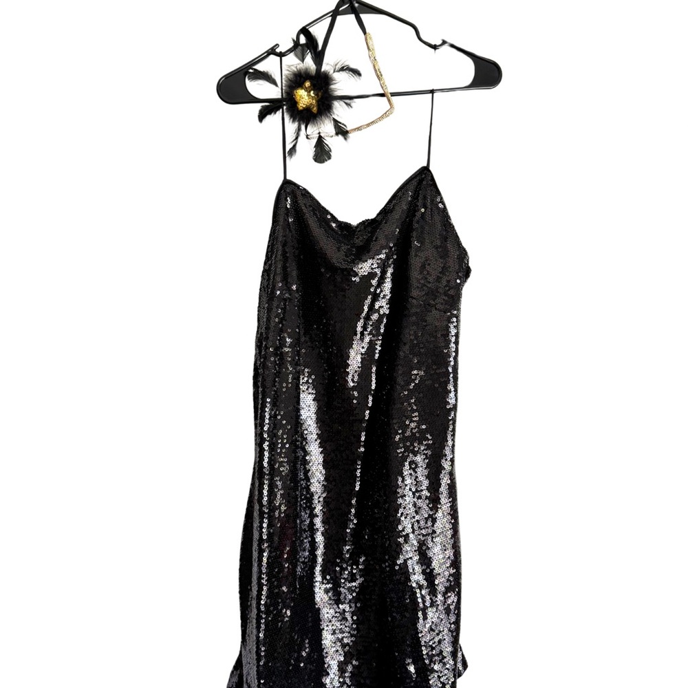 Black Sequin Dress with Feather Detail